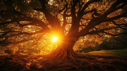 Wall Mural - a warm, glowing sun seen through the branches of a giant ancient tree at sunset
