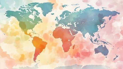 Poster - watercolor-style world map with soft pastel shades blending seamlessly, giving a creative and artistic feel