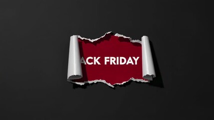 Poster - Black friday sale text ripping through black paper, revealing promotional message on vivid red surface, dark background isolating graphic design element