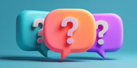 Poster - Three colorful speech bubbles with white question marks, symbolizing questions, inquiry, or FAQ concept