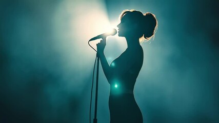 Poster - Dramatic singer silhouette performing passionately on stage, illuminated by vibrant orange backlighting, capturing powerful musical expression and emotional vocal moment