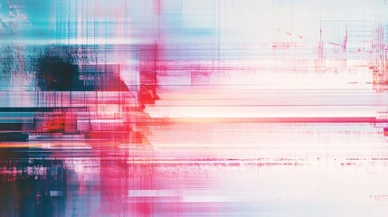 Poster - abstract digital art with blurred, vibrant pink, blue, and white horizontal stripes and glitches.