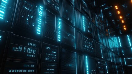 Poster - Abstract digital data center server room with glowing screens and futuristic technology.