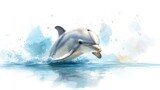 Sleek, silver watercolor dolphin leaps out of the water, catching the light just before plunging back into the deep blue ocean, sending ripples through the surface.