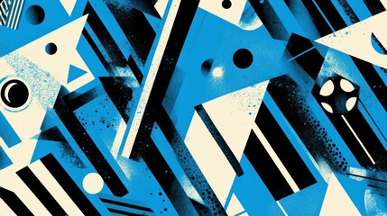 Poster - abstract geometric art with blue, black, and white shapes, lines, and textures.