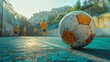 © jitharanat - Ground-level view of a soccer ball resting on the field with a player's foot in the background