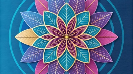 Aufkleber - Floral mandala design with layered leaves in shades of blue purple and gold on a blue background