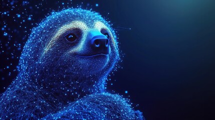 Poster - blue glowing sloth portrait, digital art, polygonal style.