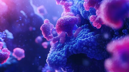Poster - microscopic view of vibrant pink and blue cells interacting.