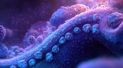 Poster - microscopic view of virus particles on a cell surface, vibrant purple and blue hues.