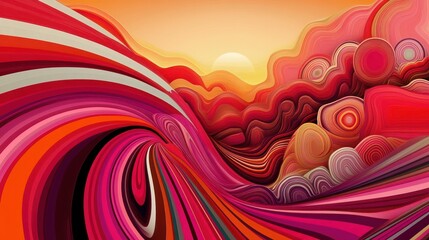 Poster - abstract swirling landscape with sunset, vibrant red, pink, and orange hues.