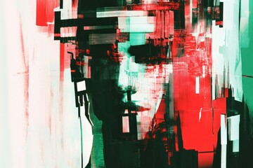 Poster - abstract glitch art portrait of a woman's face in red, green, and black hues.