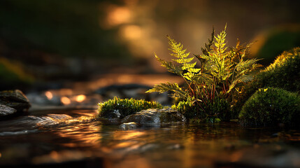 Poster - Golden sunlight illuminates fern and moss by stream, creating tranquil nature scene symbolizing serenity and peace