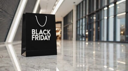 Aufkleber - Black shopping bag with black friday logo resting on sleek marble floor, reflecting modern retail environment, capturing holiday shopping essence in minimalist commercial setting