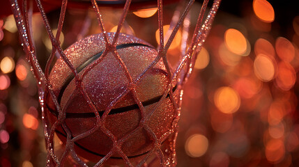 Poster - Close-up of sparkly rose-gold basketball in net, bokeh background, showcasing luxury, sport, and elegance