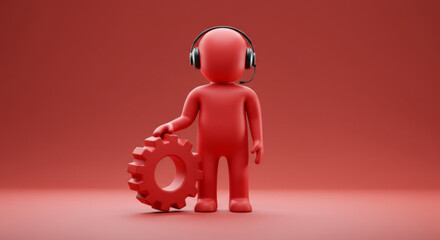 Poster - Red cartoon character customer service agent in headset holding gear in a studio setting. Professional technical support representative in a corporate environment. 3D rendering -