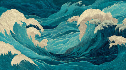 Poster - Stylized ocean wave illustration, teal and beige hues, textured lines depict powerful movement, representing nature's force and serenity, ideal for background or artistic design