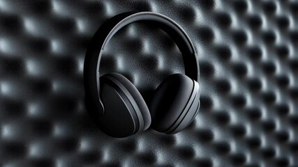 Poster - Sleek black wireless headphones rotating elegantly on luxurious silk surface, showcasing premium design with smooth, mesmerizing movement against dark minimalist background