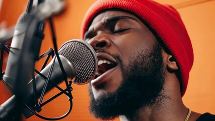 Poster - Young black male singer passionately performing song in professional recording studio, wearing red woolen hat and expressing musical creativity through dynamic vocal performance