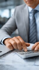 Poster - Business person calculates financial metrics while reviewing a holographic data graph in a contemporary office environment