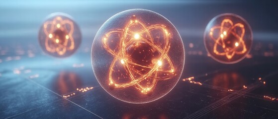 Poster - Atoms Floating Above Circuit Board in Scientific Visualization of Quantum Physics and Nanotechnology Research and Development