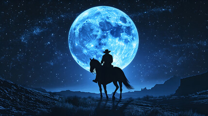  Cowboy Silhouette Horseback Riding Under Full Moon in Starry Night Desert Landscape