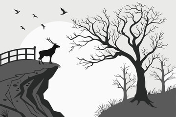 32 black and white landscape, silhouette, deer, cliff, broken bridge, full moon, bare trees, flying 