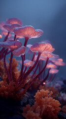 Poster - Glowing pink mushrooms cluster on dark surface, illuminated from within, creating a surreal, fantasy-like scene suitable for fantasy or nature themes
