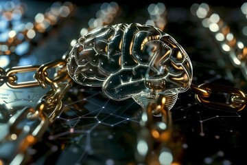 Poster - Conceptual design showing a glass brain model restrained by heavy golden chains