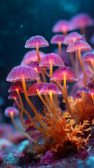 Poster - Close-up of glowing pink mushrooms and orange coral, creating a vibrant and magical scene, symbolizing fantasy, nature, and wonder