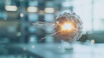 Poster - Cell Explosion: A microscopic view of a cell undergoing a dramatic explosion, showcasing intricate details and radiating energy.