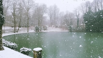 Poster - Serene Lake Scene in Winter Snowfall Wide Angle View in Forest Park Setting Outdoors