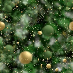 Poster - Discover a captivating blend of green and gold tones with bokeh lights, featuring an abstract forest and a mesmerizing starry sky SEAMLESS PATTERN