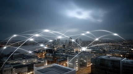 Poster - Night view of a smart city skyline featuring blue lights and visible technology connections, creating a futuristic urban landscape