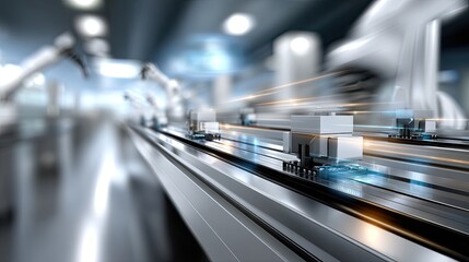 Poster - Robotic arms operate seamlessly in a high-tech factory assembling electronic components, showcasing advanced automation and efficiency