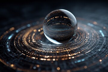 Poster - Crystal sphere hovering above intricate network of glowing digital pathways