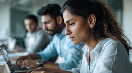 Poster - Three young Indian professionals, dressed in formal attire, are engaged in work at a contemporary office. Their expressions reflect concentration as they execute tasks on laptops