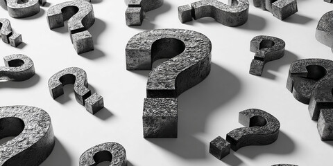 Poster - Stone-textured question marks scattered on white background, showcasing uncertainty, inquiry, or problem-solving concepts