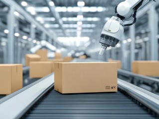 Poster - Automated Robotic Arm Handling Cardboard Box on Conveyor Belt in Modern Warehouse Setting