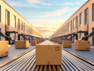 Poster - Conveyor Belt with Cardboard Boxes in a Warehouse During Beautiful Sunset, Industrial Logistics and Transportation Scene
