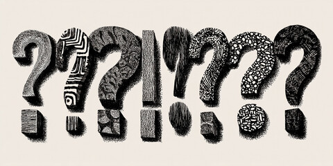 Poster - Stylized question marks with varied textured patterns, creating a visual representation of curiosity, inquiry, and uncertainty