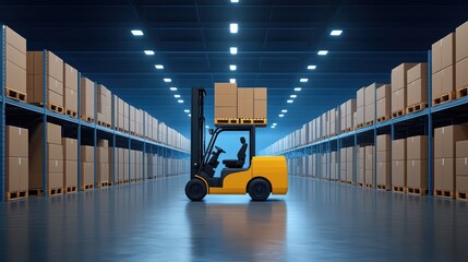 Poster - Yellow Forklift Lifting Box in Warehouse with Bright Lighting and Organized Shelves of Packages