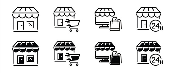 Poster - store icon set. containing retail, storefronts, e-commerce platforms, cart, 24/7 service representat
