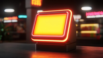 Poster - Bright Neon Sign with Empty Yellow Space for Advertising in a Modern Urban Environment at Night