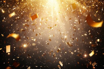Poster - Festive Gold Confetti Falling Celebration Abstract Background with Bokeh Lights and Sparkles Glamorous Event Party Backdrop