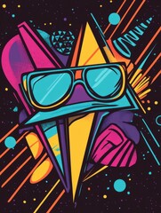 Poster - retro geometric art composition of sunglasses and shapes with vibrant colors on dark background