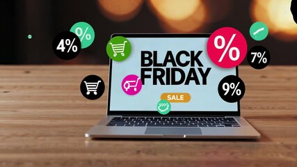 Poster - Black friday sale screen showing floating shopping cart icons, animated discount percentages highlighting digital retail promotion across laptop display