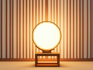 Aufkleber - Elegant Modern Lamp on Wooden Table Against Striped Wall in Warm Atmospheric Room Design