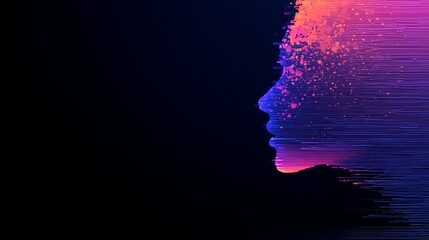 Poster - Abstract AI face silhouette with floating pixel layers, minimal intelligent tech vector