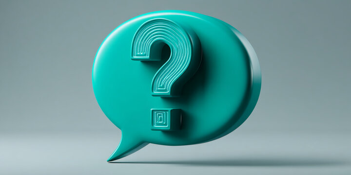 Teal speech bubble with embossed question mark, simple 3D rendering, representing inquiry, query, or question concept